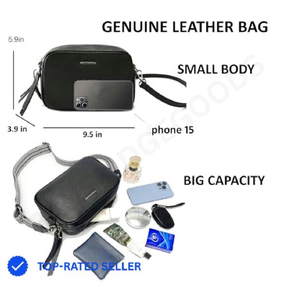 Genuine Leather Crossbody Bag Square Camera Messenger Purse Two Straps - Picture 5 of 8